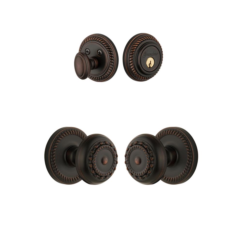 Grandeur by Nostalgic Warehouse Single Cylinder Combo Pack Keyed Differently - Newport Rosette with Parthenon Knob and Matching Deadbolt in Timeless Bronze